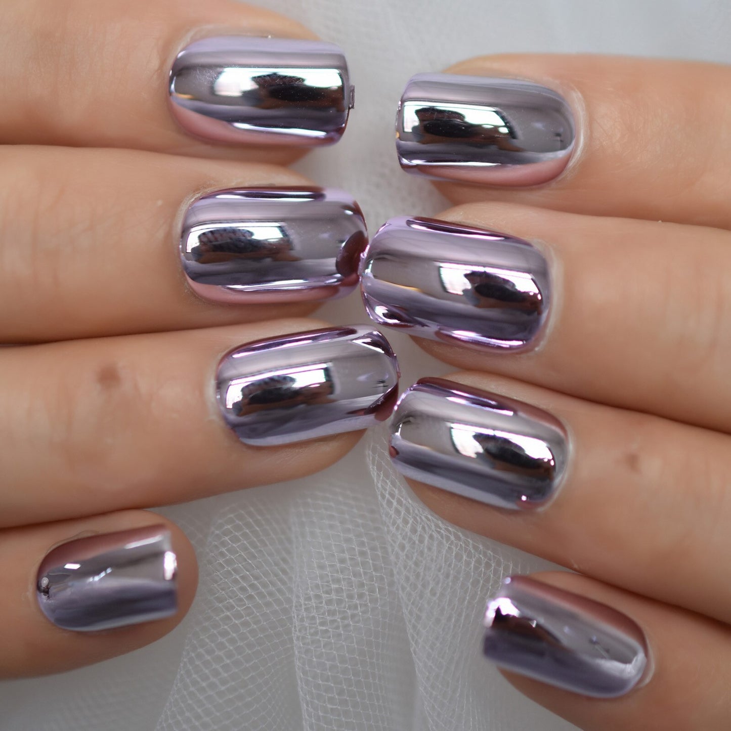 Nails Series Pink Purle Short Chrome Holographic Press On Nails Square Natural Shape Charming Manicure Tips 24pc