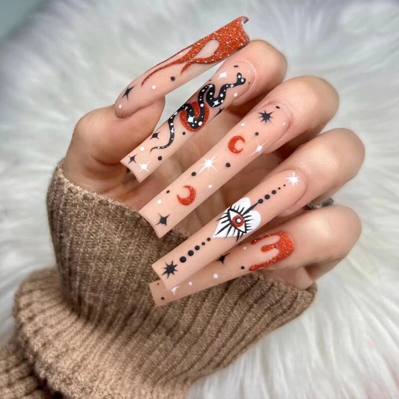 24Pcs Leopard Design False Nails Long Coffin Fake Nails with Rhinestone Wearable Ballet Press on Nails Full Cover Nail Tips