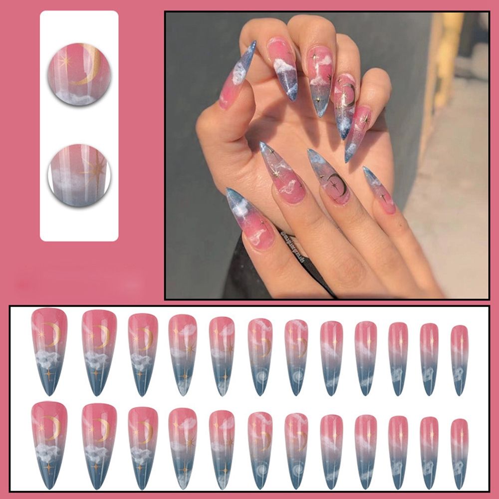 24pcs Long Stiletto False Nails Flower Tree Wearable French Fake Nails Press On Nails Leopard print Design Manicure Tips