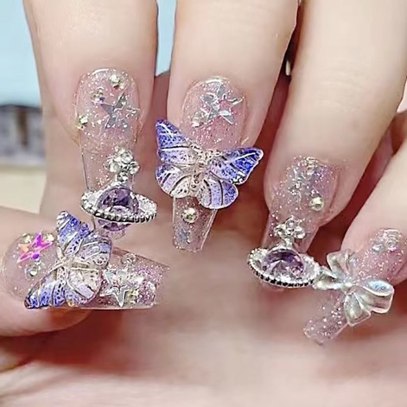 Purple Glitter Rhinestone Butterfly Handmade Press On Nails Y2K Long Short False Nails Girl Jewelry Reusable Fake Nails Tips