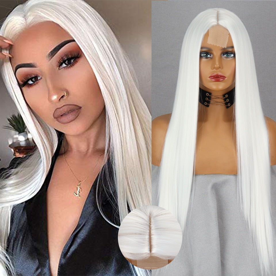 Long Straight White Natural Wigs Middle Part Heat Resistant Synthetic Wigs Suitable for African Women Daily Cosplay Halloween Wig