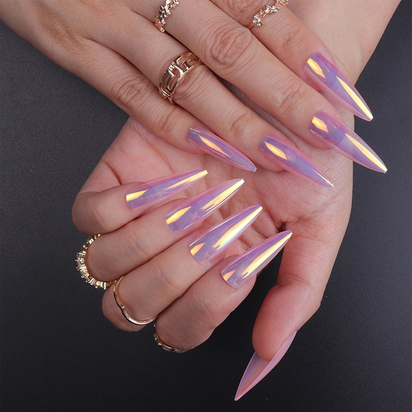 24pcs Aurora Glitter Fake Nails Long Stiletto Full Cover Pointed False Nail Patch Colorful Glossy Acrylic Nail Tips with Jelly