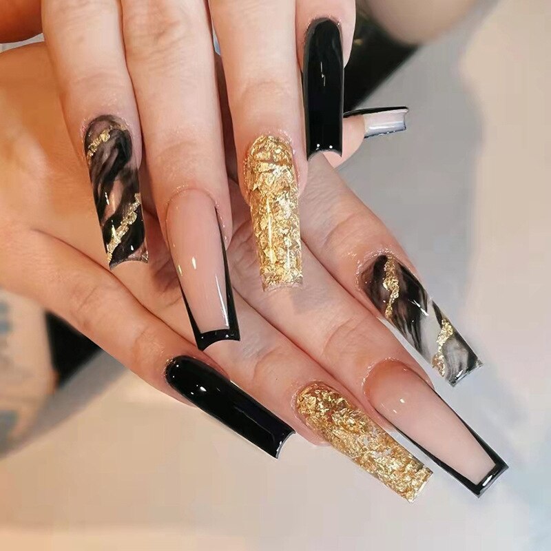 24Pcs Long Square Press on Nails Love Pattern Design Artifical Coffin False Nail Brown French Wearable Full Cover Fake Nail Tips