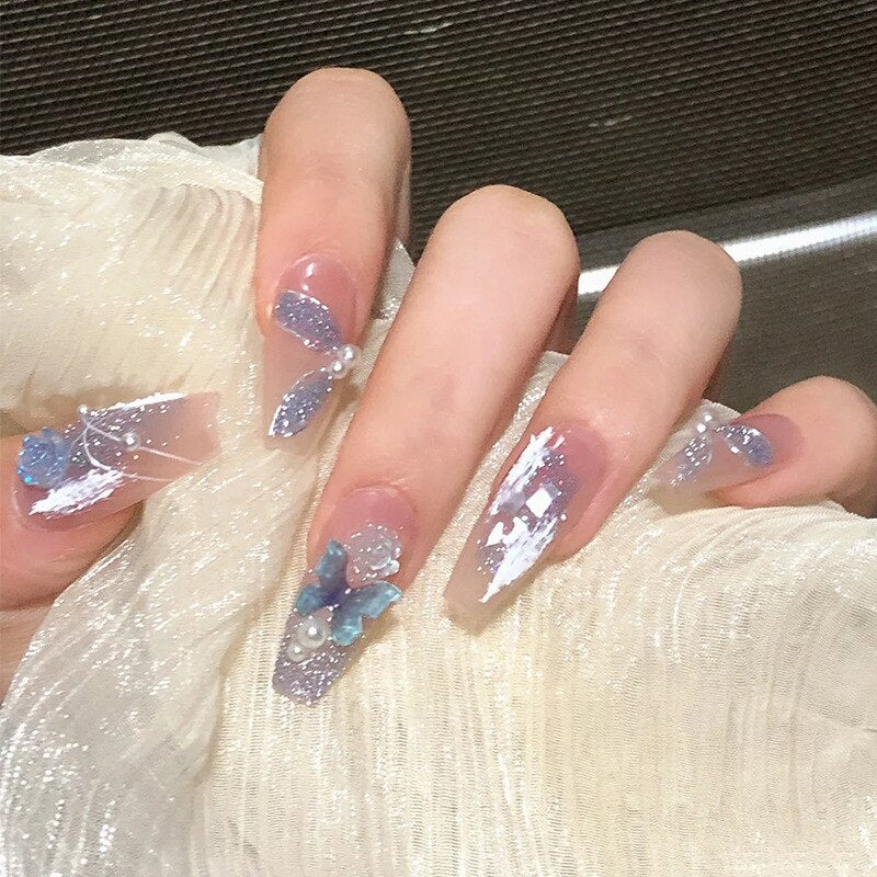 24Pcs Ballerina False Nails Star and Moon Press on Nails Blue with Glue Wearable Fake Nails Glitter Full Cover Nail Tips Art