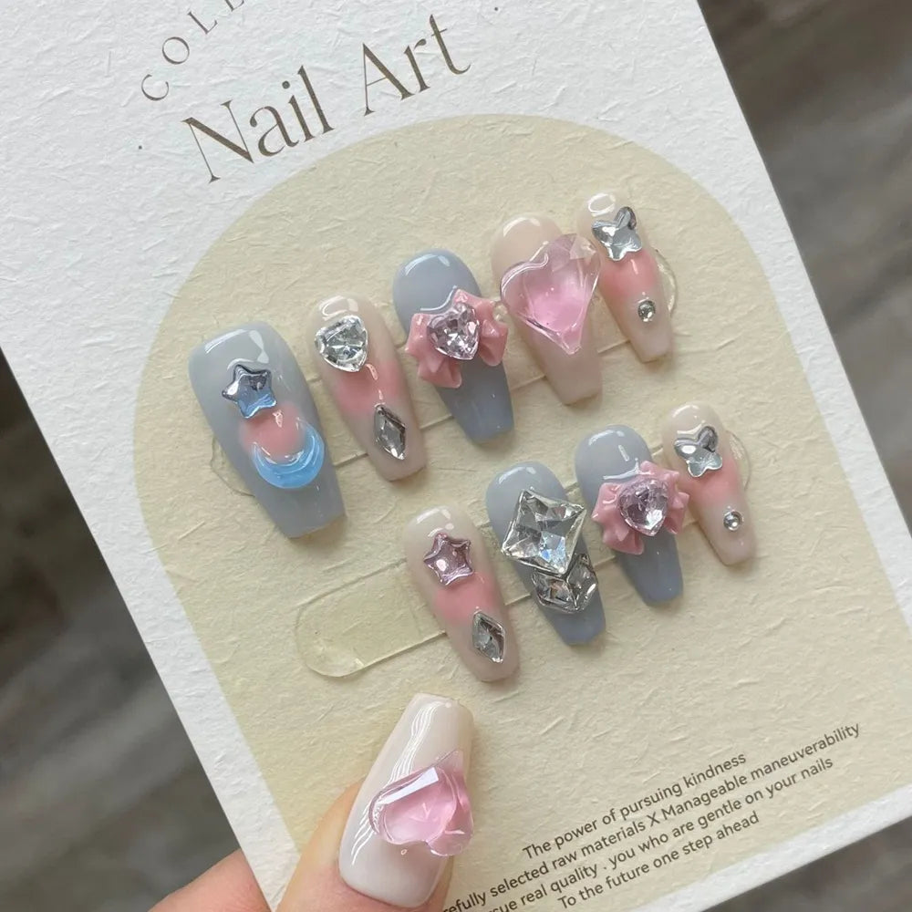 Handmade Pink Press on Nails Long Korean Design Reusable Adhesive False Nails with Charms Full Cover Nail Tips Manicure