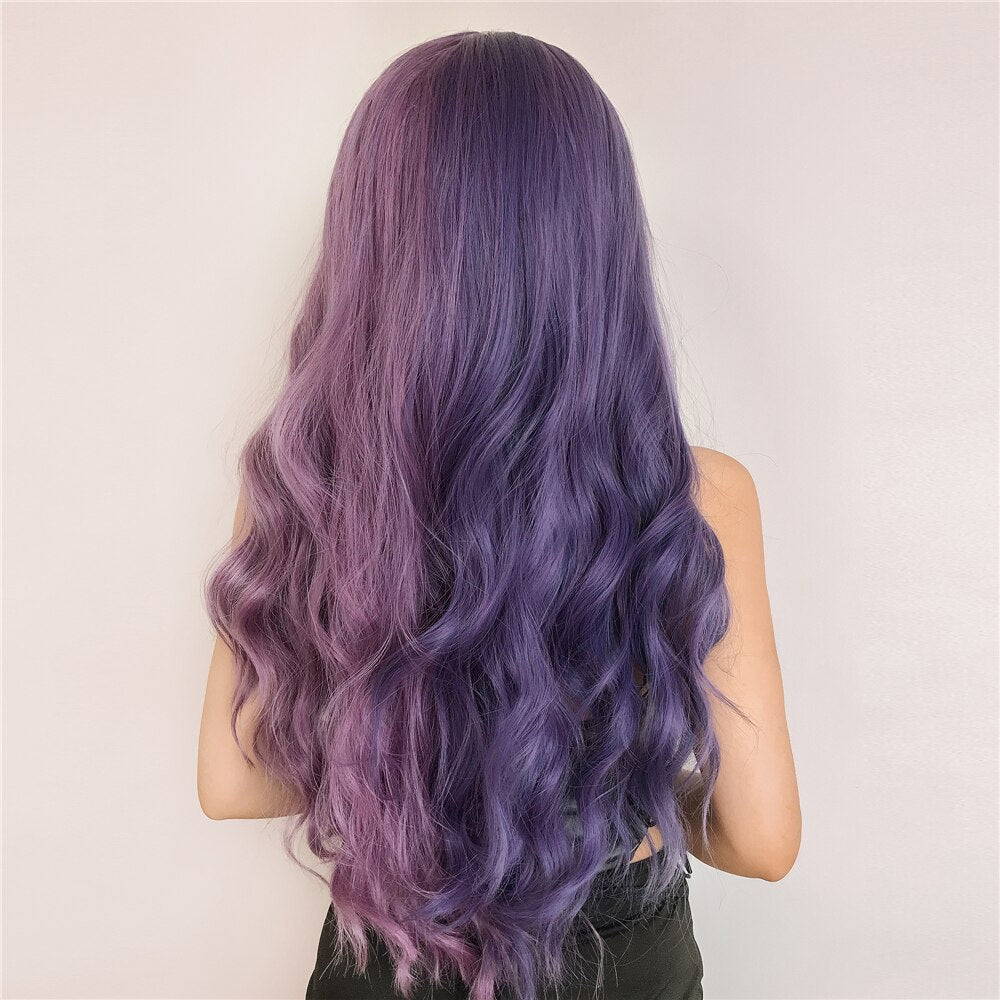 Purple Pink Long Wavy Synthetic Wig with Bangs Cosplay Christmas Halloween Hair Two Tone Ombre Wig For Women Heat Resistant