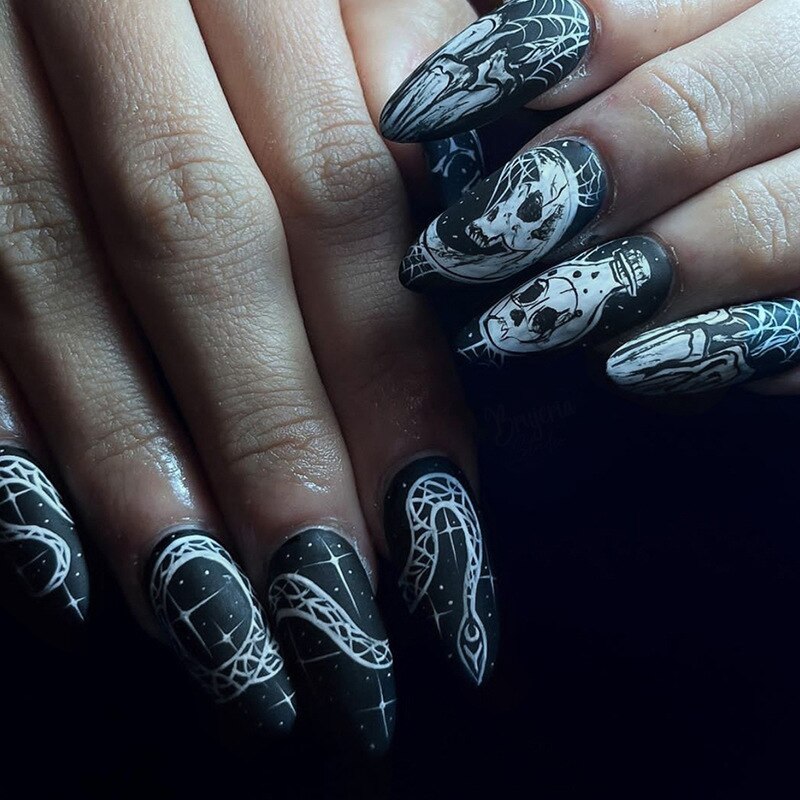 24Pcs Halloween Long Stiletto False Nails Almond Fake Nails with Ghost Design Press on Nails Wearable Full Cover Manicure Tips