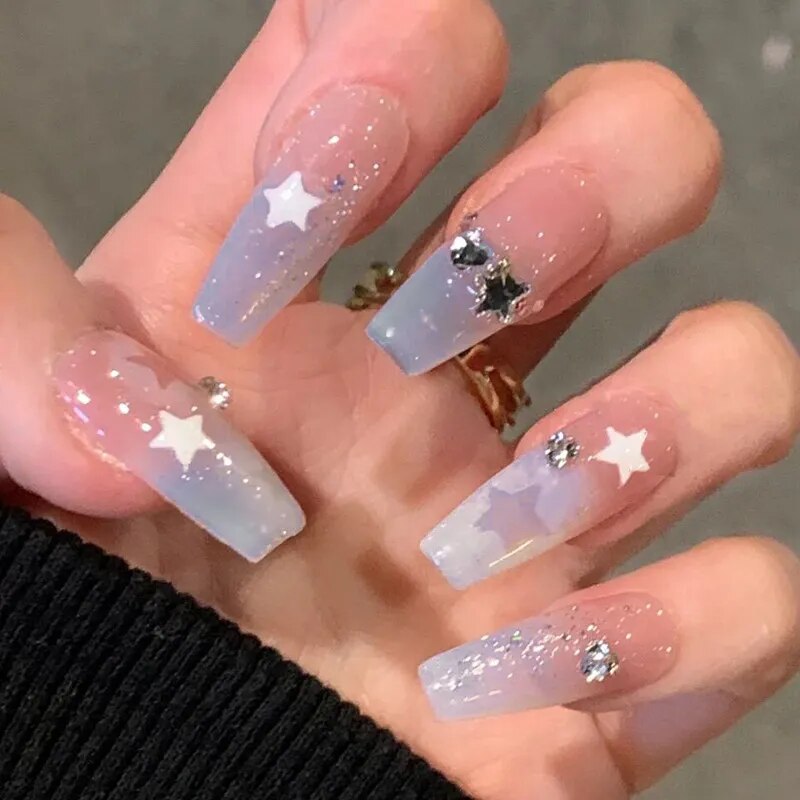 24pcs/box gradient French artifical nails with glue shiny star Fake Nails Lovely Girl korean press on nails ballerina False Nail