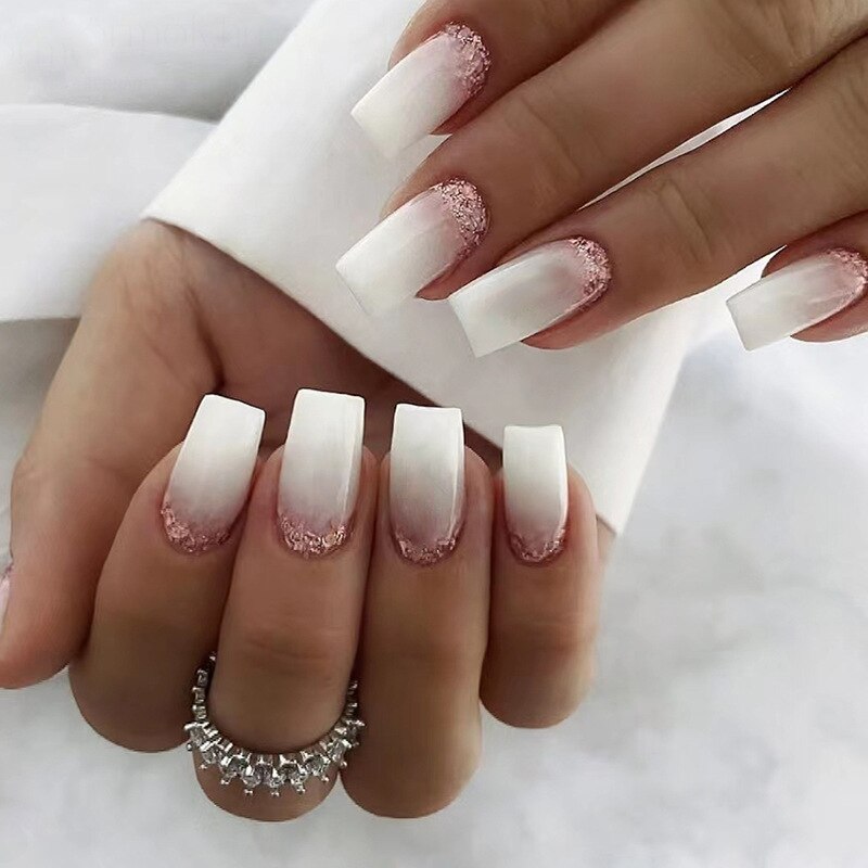 24pcs Long gradient nude false nail with glue simple artifical press on nails acrylic nails natural stick on nails set