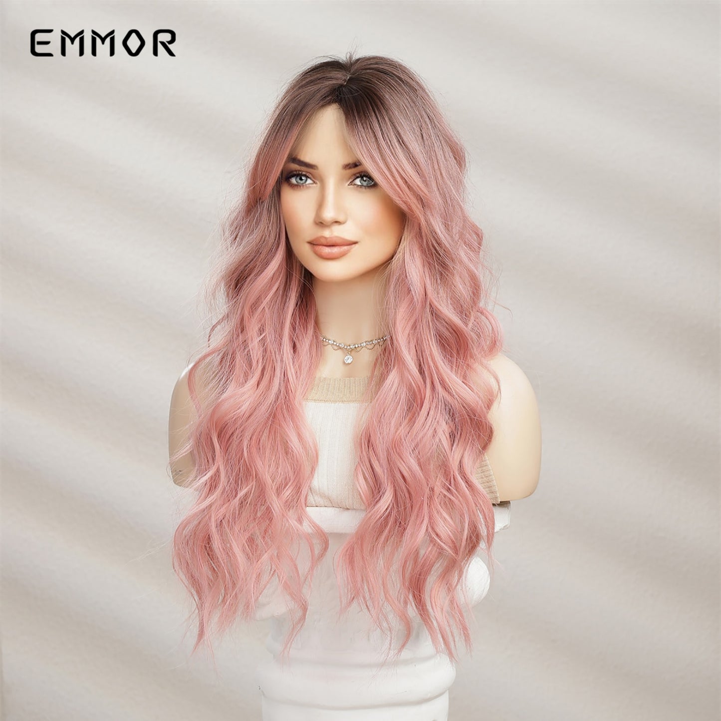 Synthetic Long Wavy Wigs with Bangs for Women Cosplay Natural Ombre Black to Pink Hair Wig High Temperature Fiber