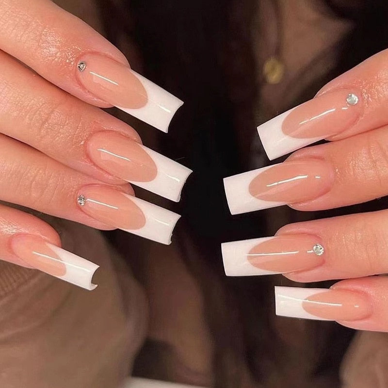 24Pcs Simple False Nails with White Edged Designs Long Ballerina Fake Nails Wearable Coffin French Nails Tips Press on Nails