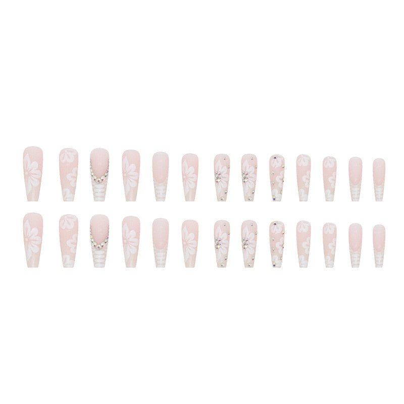 24Pcs Long Ballerina False Nails  Press on Nails Serpentine Flower with Rhinestones French Fake Nails Wearable White Nails Tips