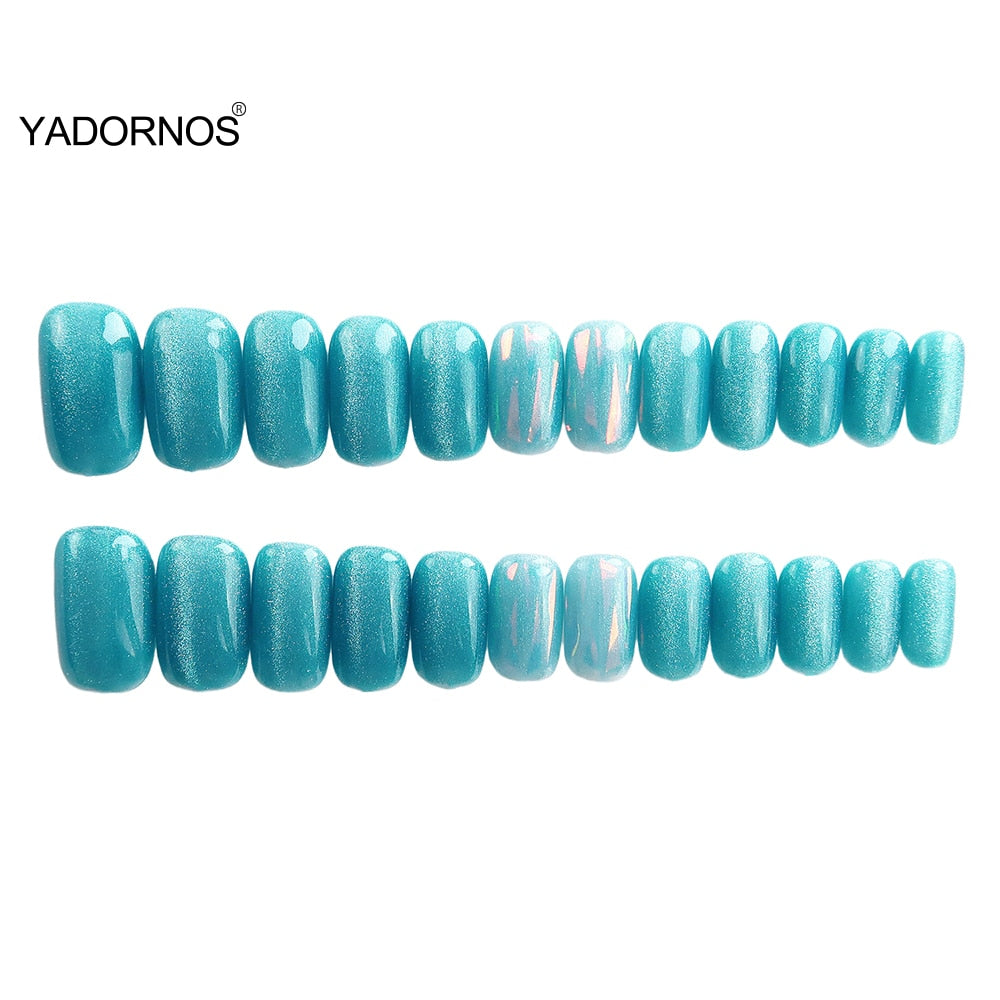 24pcs Cat Eye False Nail Sky Blue Color Fake Nail Tips Full Cover Fashion Nail Art Short Style Press on Nail Manicure Nail Tips