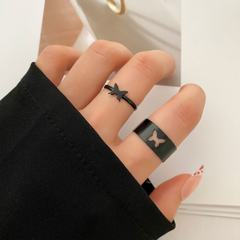 22pcs Heart Black Rings Set For Women Vintage Geometric Cross Pearl Butterfly Finger Rings Women Party Jewelry