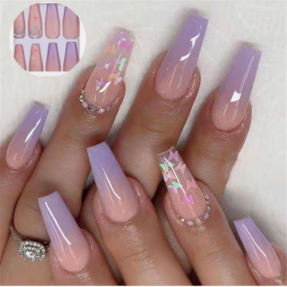 Lilac gradient Butterfly Pattern Fake Nails Full cover False Nails Extra Long Ballerina Coffin Nails Manicure Nail Art