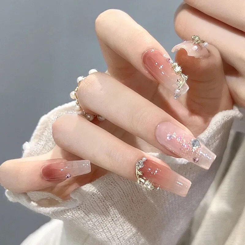 24pcs/box gradient French artifical nails with glue shiny star Fake Nails Lovely Girl korean press on nails ballerina False Nail