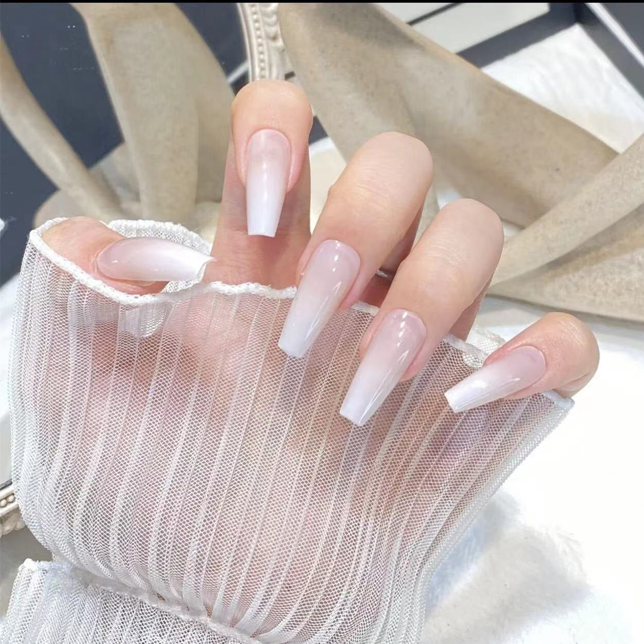 24pcs/Box Long Stiletto False Nails with Glue Red Nude Pink White MilkTea Color Jelly Nails Tips Full Cover Press On Nails