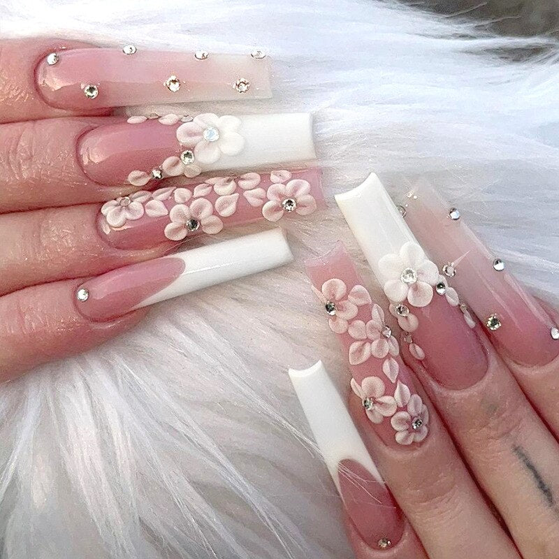 24Pcs Pink French False Nails French with Rhinestone Acrylic Fake Nail Tips Detachable Coffin Press on Nails Full Cover Manicure