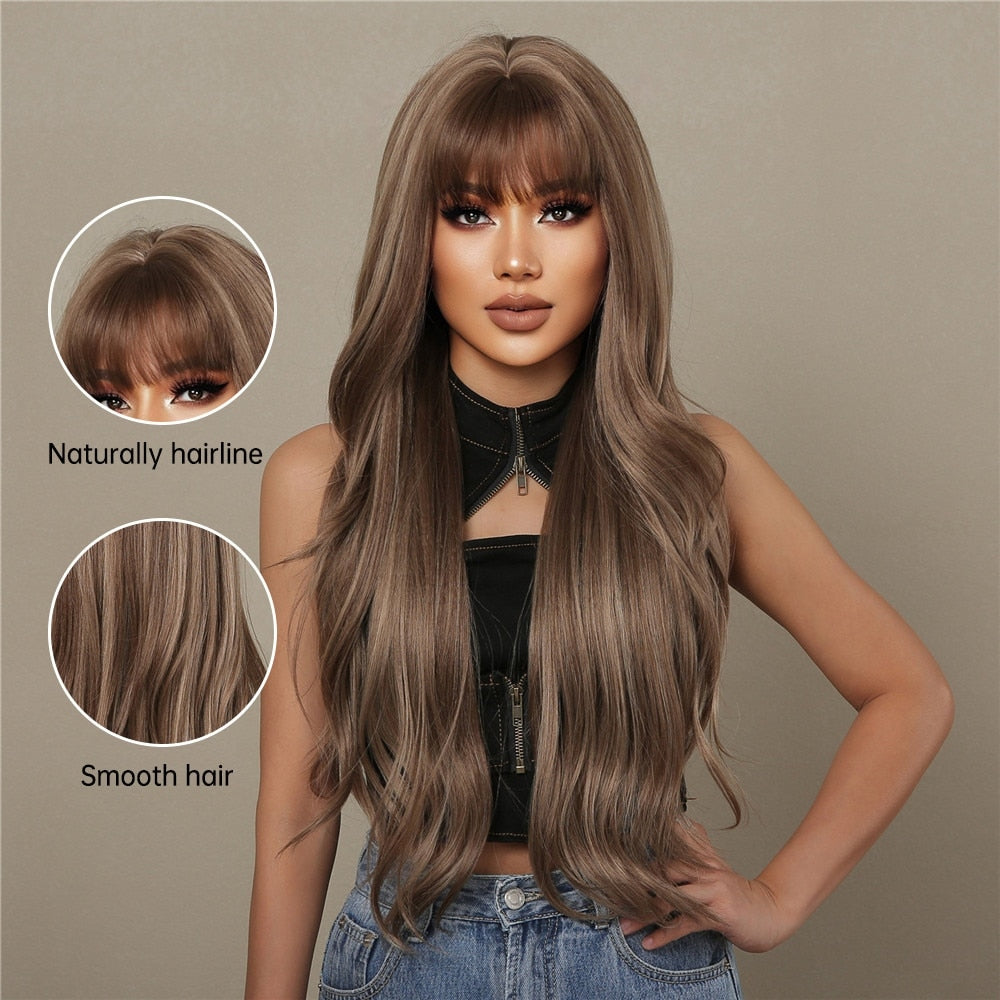 Brown Mixed Blonde Synthetic Wigs with Bang Long Natural Wavy Hair Wig for Women Daily Cosplay Use Heat Resistant