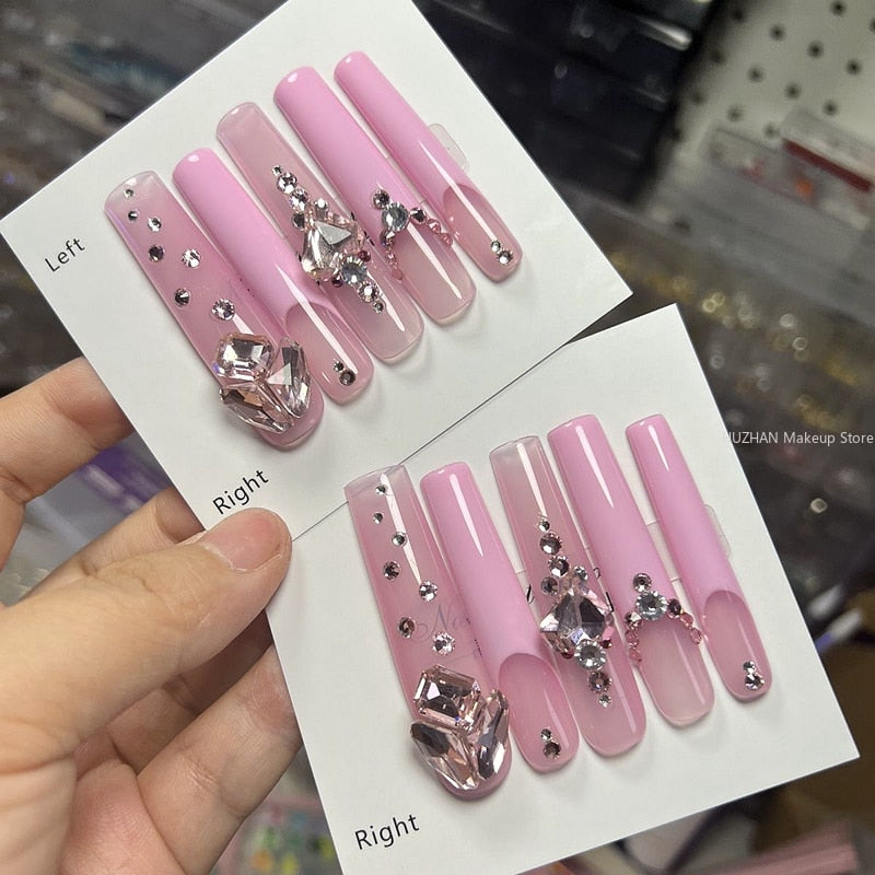 Handmade 3XL Full Cover False Nail Tips Luxury Glittery Rhinestone Press On Nails Y2K Reusable Extra Long Fake Nail With Glue