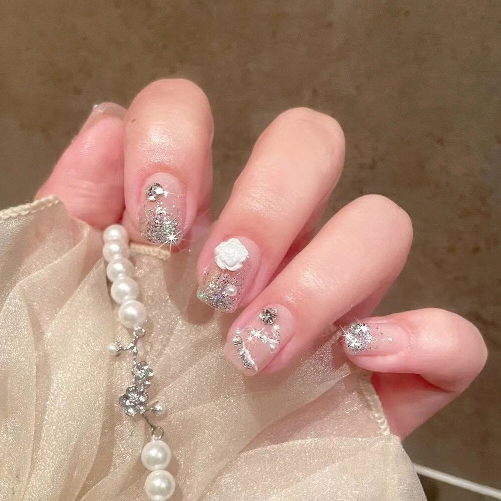 24pcs Bridal Nail Art tips with design press on nails long false nails glue coffin nail tips Rhinestones Glitter stick on nails