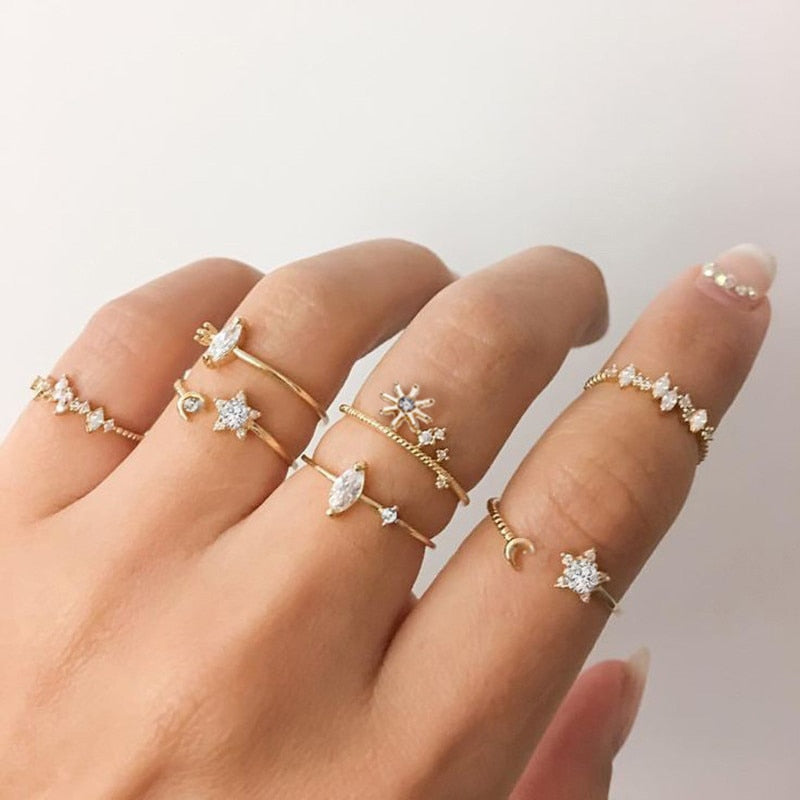 6pcs/set Luxury Green Rhinestone Rings for Women Vintage Crystal Snake Adjustable Metal Ring Set Jewelry