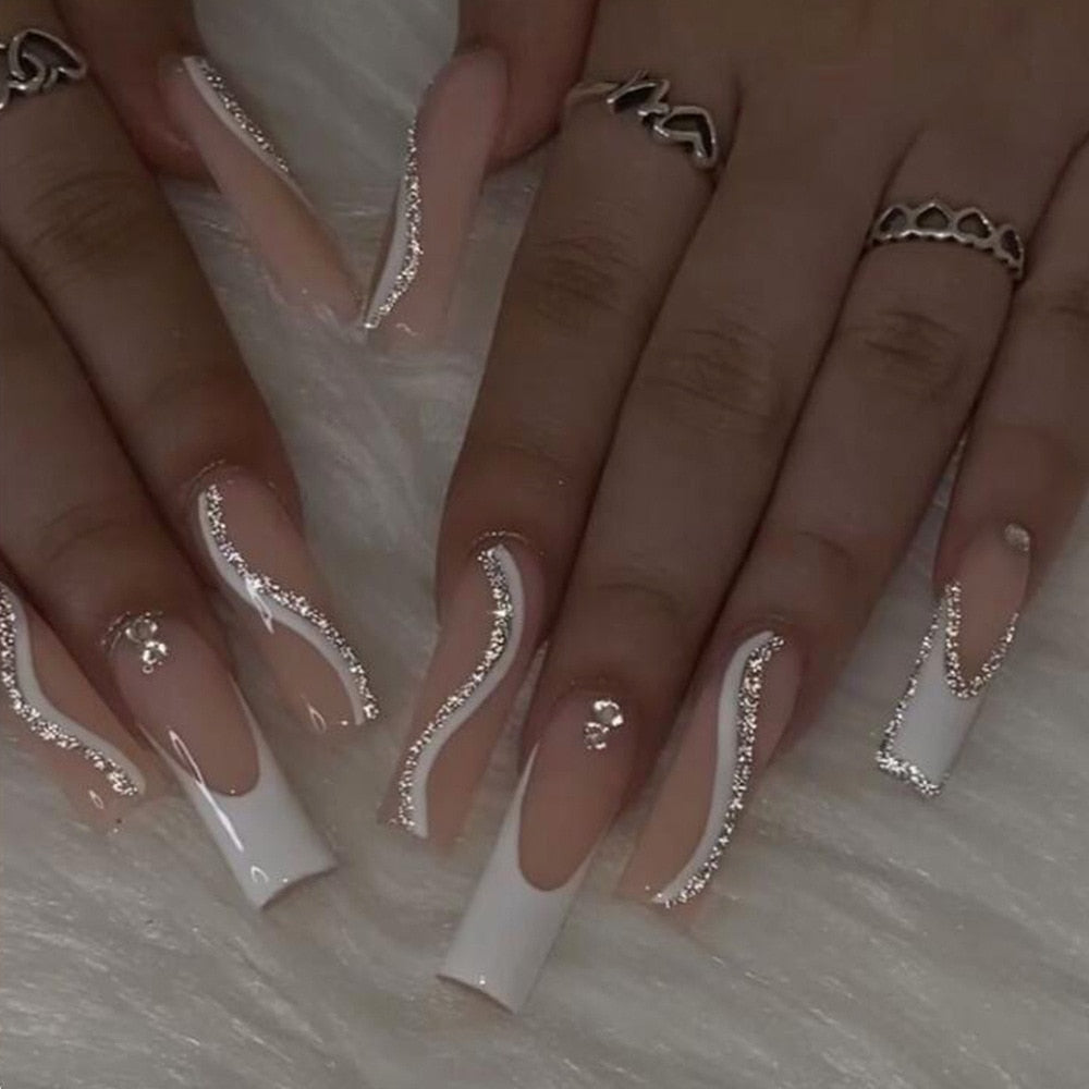 24Pcs Long Coffin White French False Nails Ballerina with Rhinestones Wearable Fake Nails Art Full Cover Press On Nails Tips