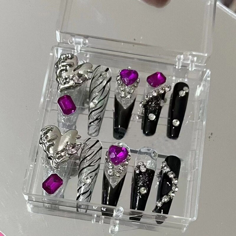 Handmade Y2K Punk Style Long Coffin False Nails Tips Glitter Rhinestone Press On Nails Reusable Short Fake Nail With Glue Gift