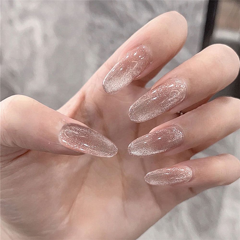 24Pcs/Box Cat Eye Almond False Nails with Design Detachable Wearable Round Head Fake Nails Full Cover Nail Tips Press On Nails