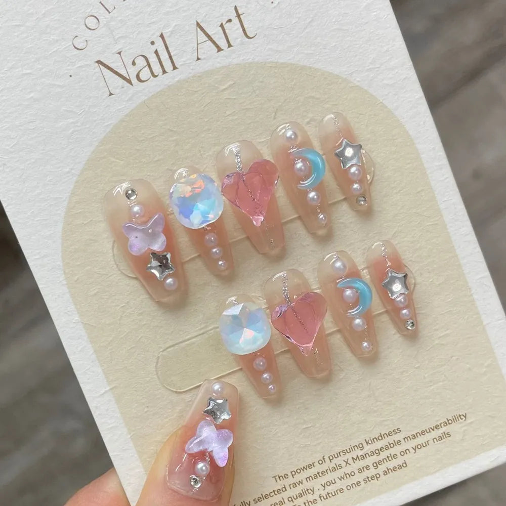 Handmade Pink Press on Nails Long Korean Design Reusable Adhesive False Nails with Charms Full Cover Nail Tips Manicure