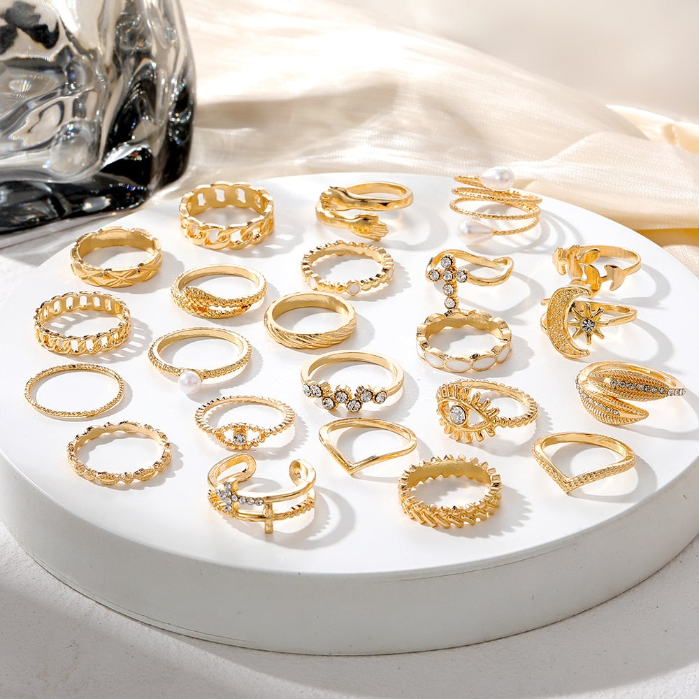 23pcs Hiphop Gold Color Geometric Wheat Rings Set For Women Girls Punk Star Moon Eye Wave Finger Rings Jewelry Party