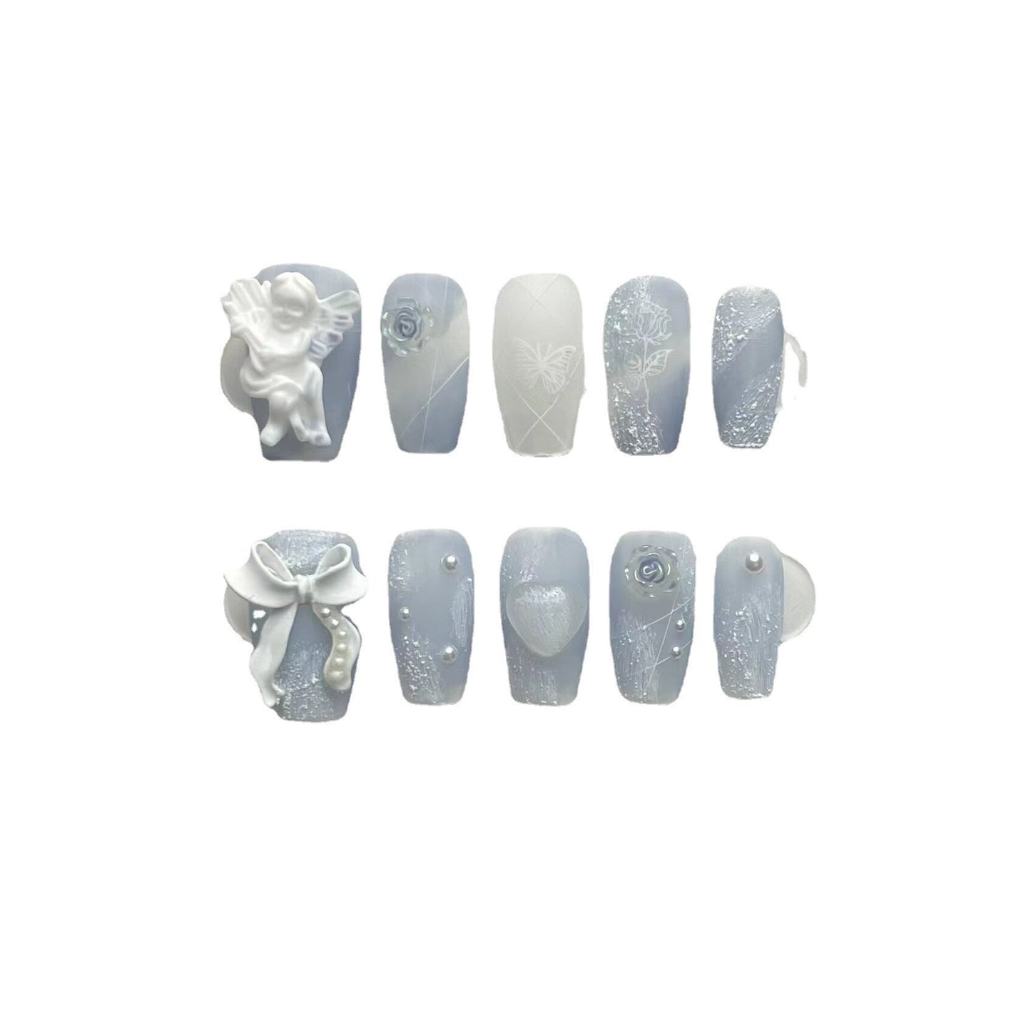 10Pcs Blue Handmade Press On Nails Set Ballet Wearable Artificial False Nails Decoration Nail Art Manicure Fake Nails Tips