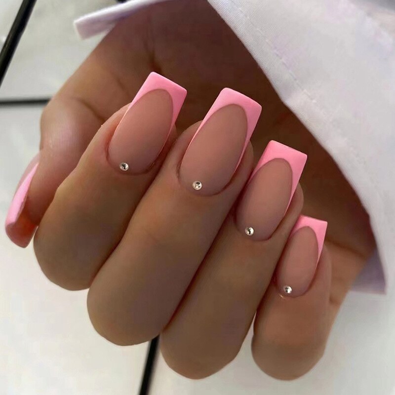 24Pcs Simple False Nails with White Edged Designs Long Ballerina Fake Nails Wearable Coffin French Nails Tips Press on Nails