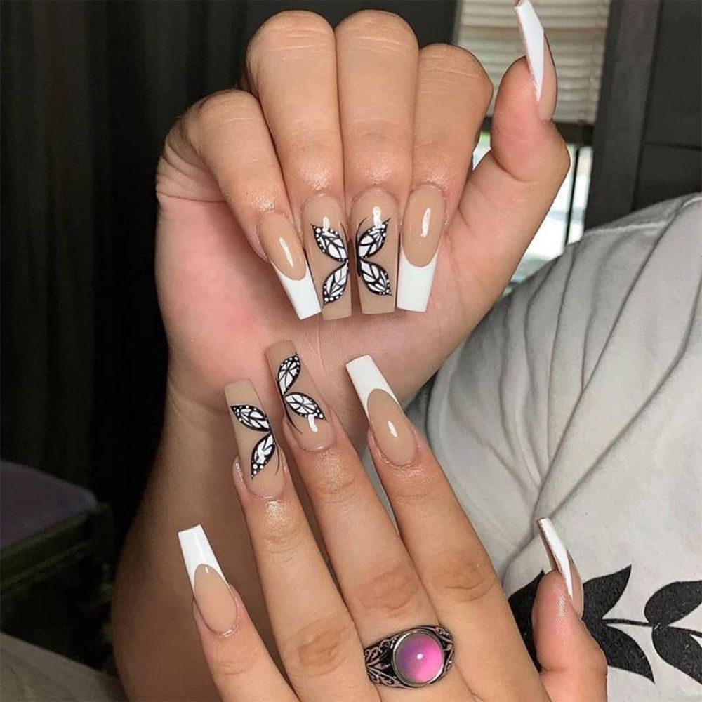 Pink Cow Design False Nail French Full Cover Long Coffin Fake Nails Glue DIY Manicure Nail Art Tools press on nails nail tips