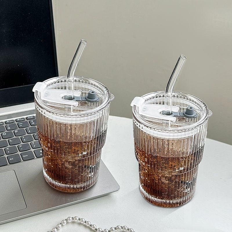 450ml Simple Stripe Coffee Glass Cup With Lid and Straw Transparent Bubble Tea Cup Juice Glass Milk Mocha Cups Breakfast Mug