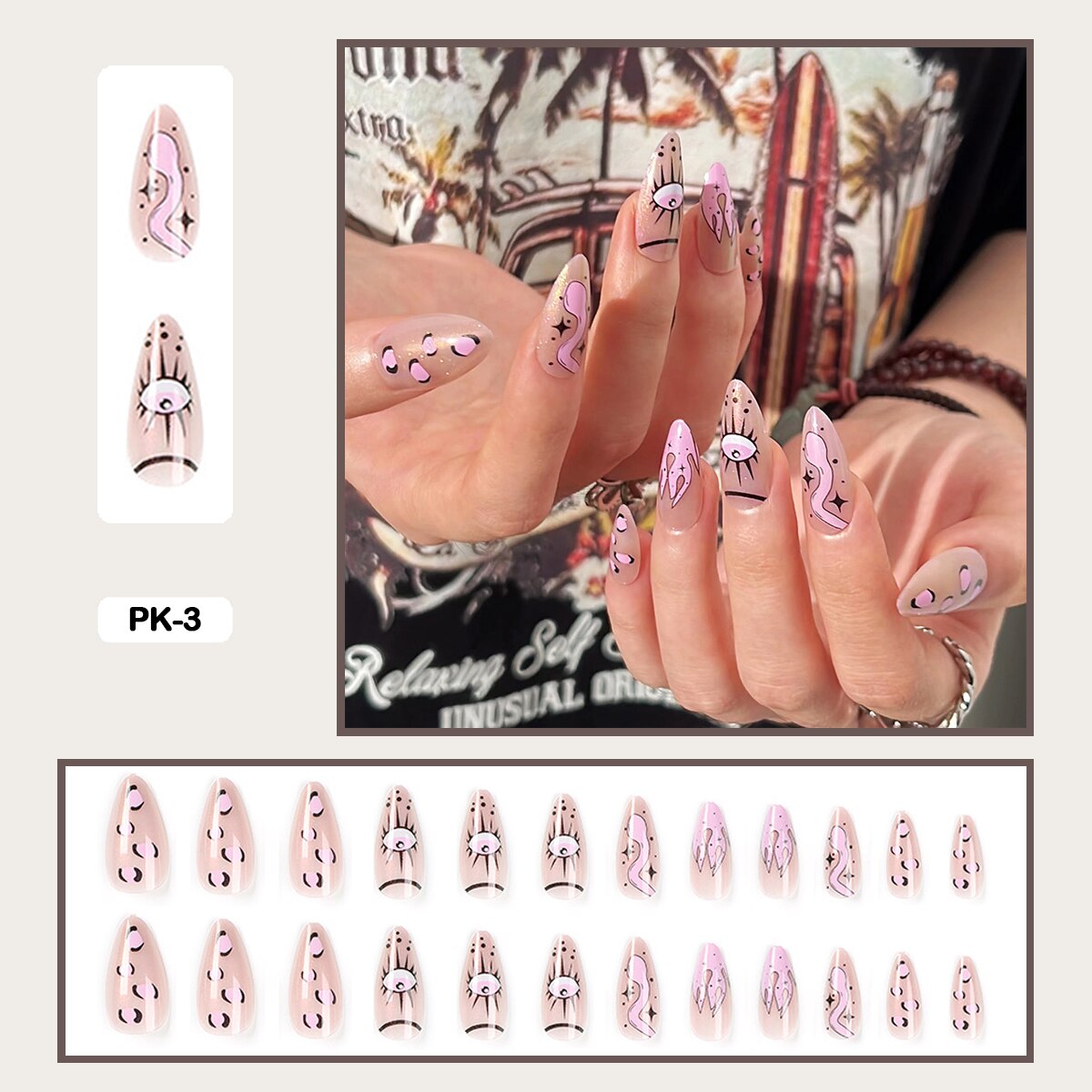 24PCS Dark Punk False Nails with Glue Gradient Long Detachable Fire Stick on Nails Skull Flame  Art DIY Fashion Manicure Tool