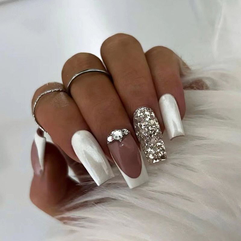 24Pcs White Long Coffin False Nails Glitter Ballet Wearable with French Design Fake nails Full Press on Nail Ins Nail Tips Art