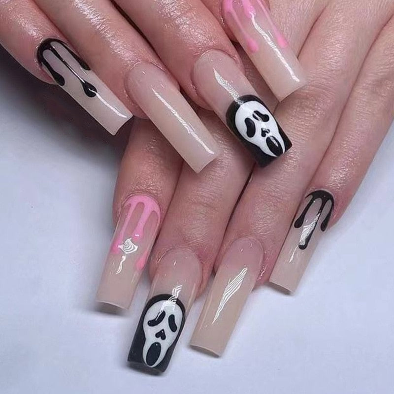 24Pcs Halloween Black Ghost Long Ballet False Nails With Heart Blood Design Halloween Press On Nails Detachable Full Cover Nails