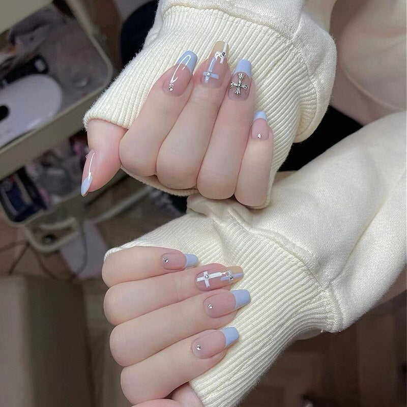 24pcs/box gradient French artifical nails with glue shiny star Fake Nails Lovely Girl korean press on nails ballerina False Nail