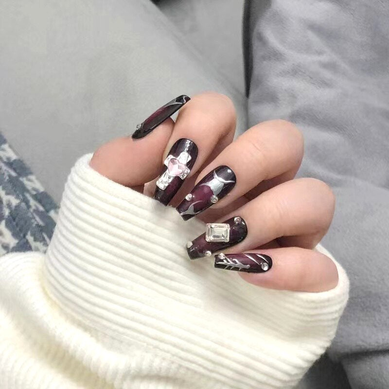 Gothic Dark Gyaru Girls y2k Manual Press on Nails Reusable Metal Craft Armor Detachable Long Nails With Glue Handmade Manicure