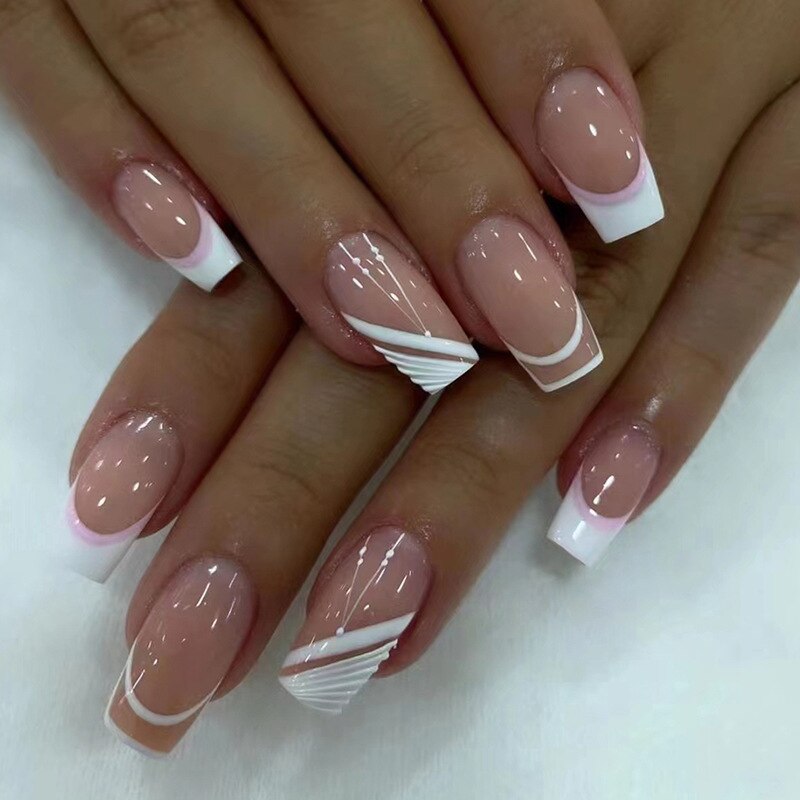 24pcs wearable french gradient pink white press on nails coffin ballet simple classic french artificial fake nails with glue