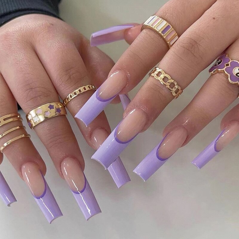 24Pcs Purple Y2K Press on Nails Star Diamond Designs Full Cover Fake Nails Long Coffin Acrylic False Nails