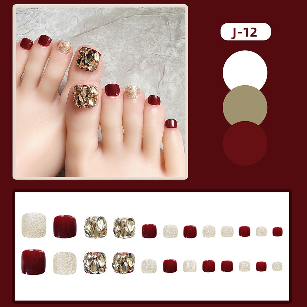 Gold Full Diamond Feet Nails Press On Fake Glitter Toe Nail Stickers Full Cover Toe Nail Tips False Foot Nails