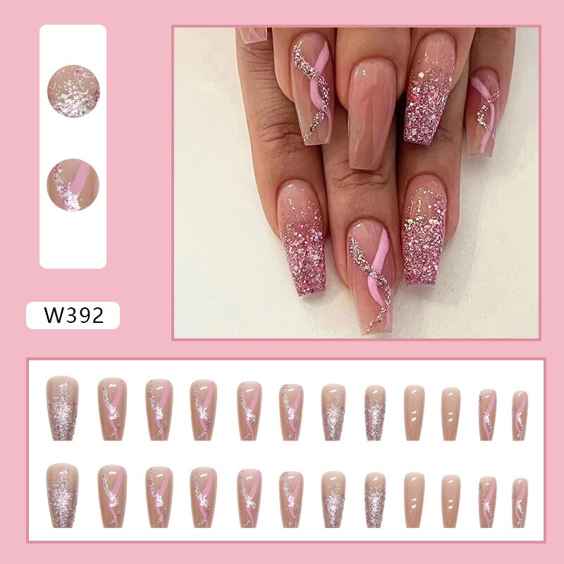 24Pcs Long Coffin False Nails Gold Glitter Sequins Designs Press On Full Cover Fake Nails Tips Wearable Manicure Art