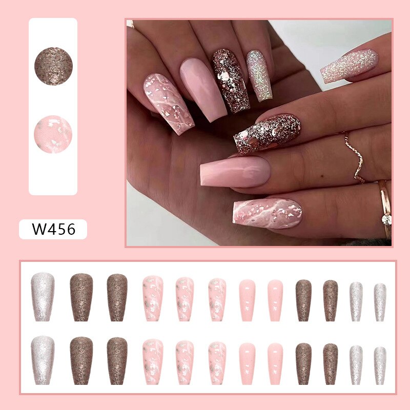 24Pcs Long Coffin False Nails Gold Glitter Sequins Designs Press On Full Cover Fake Nails Tips Wearable Manicure Art