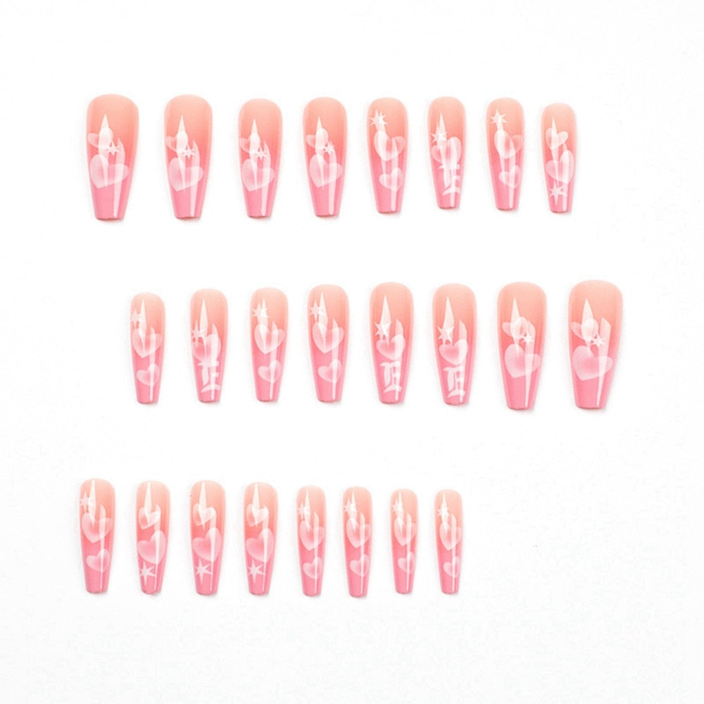 Long Pink Heart Coffin False Nails Star Shiny Pattern Design Ballerina Fake Nails Manicure Full Cover Nail Tips Press On Nails