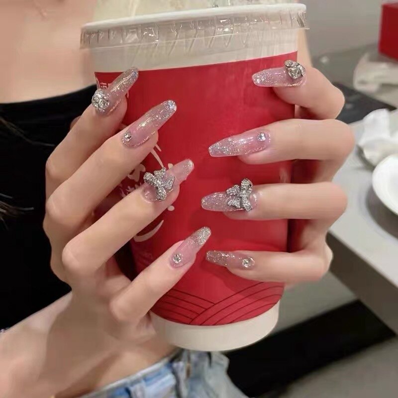 24pcs/box gradient French artifical nails with glue shiny star Fake Nails Lovely Girl korean press on nails ballerina False Nail