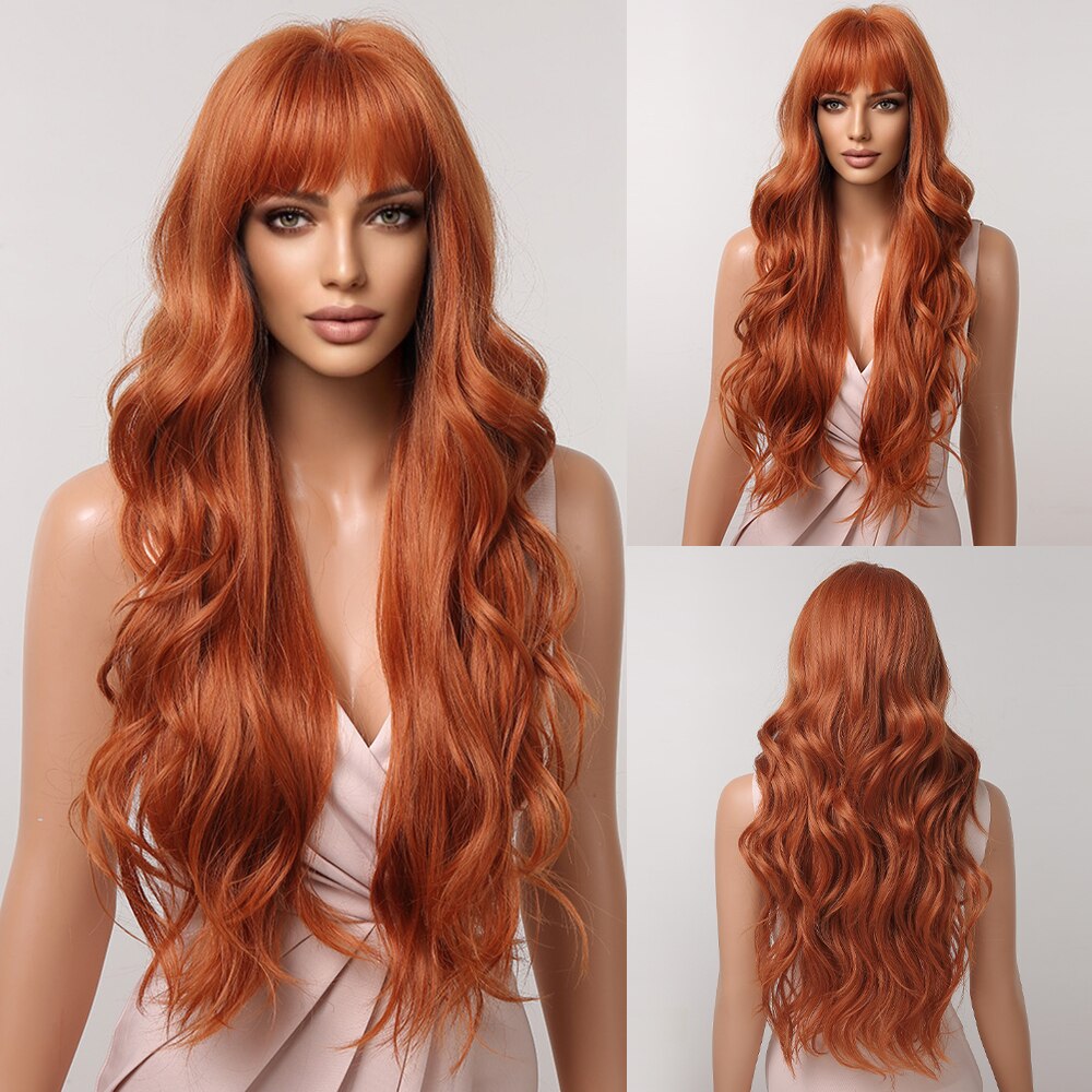 Brown Mixed Blonde Synthetic Wigs with Bang Long Natural Wavy Hair Wig for Women Daily Cosplay Use Heat Resistant