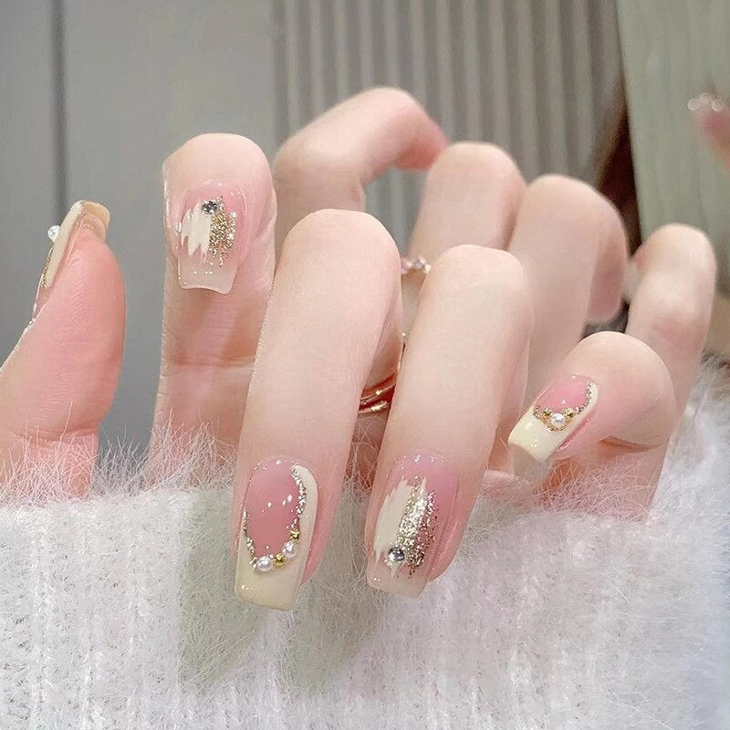 24pcs Bridal Nail Art tips with design press on nails long false nails glue coffin nail tips Rhinestones Glitter stick on nails