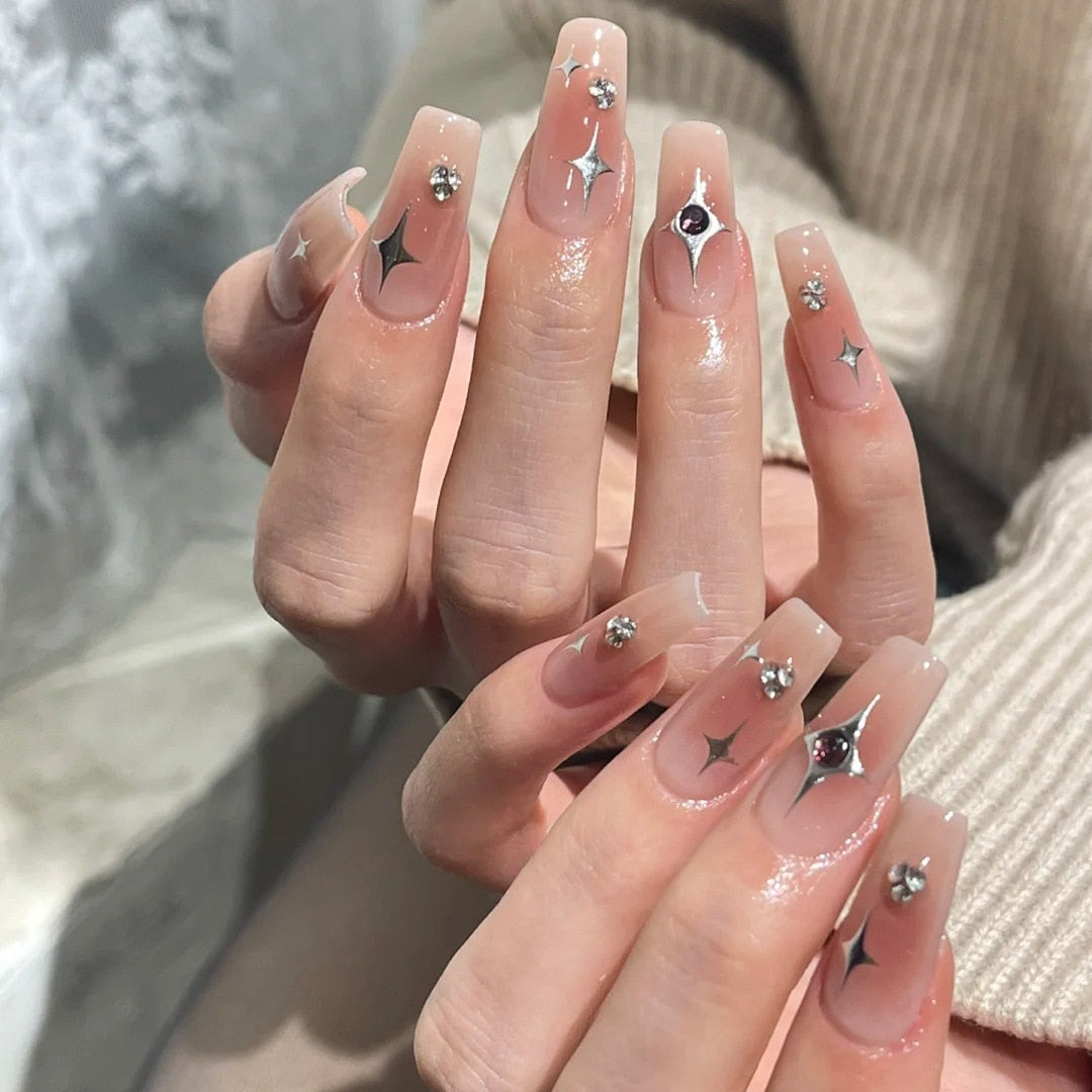 24pcs/box gradient French artifical nails with glue shiny star Fake Nails Lovely Girl korean press on nails ballerina False Nail